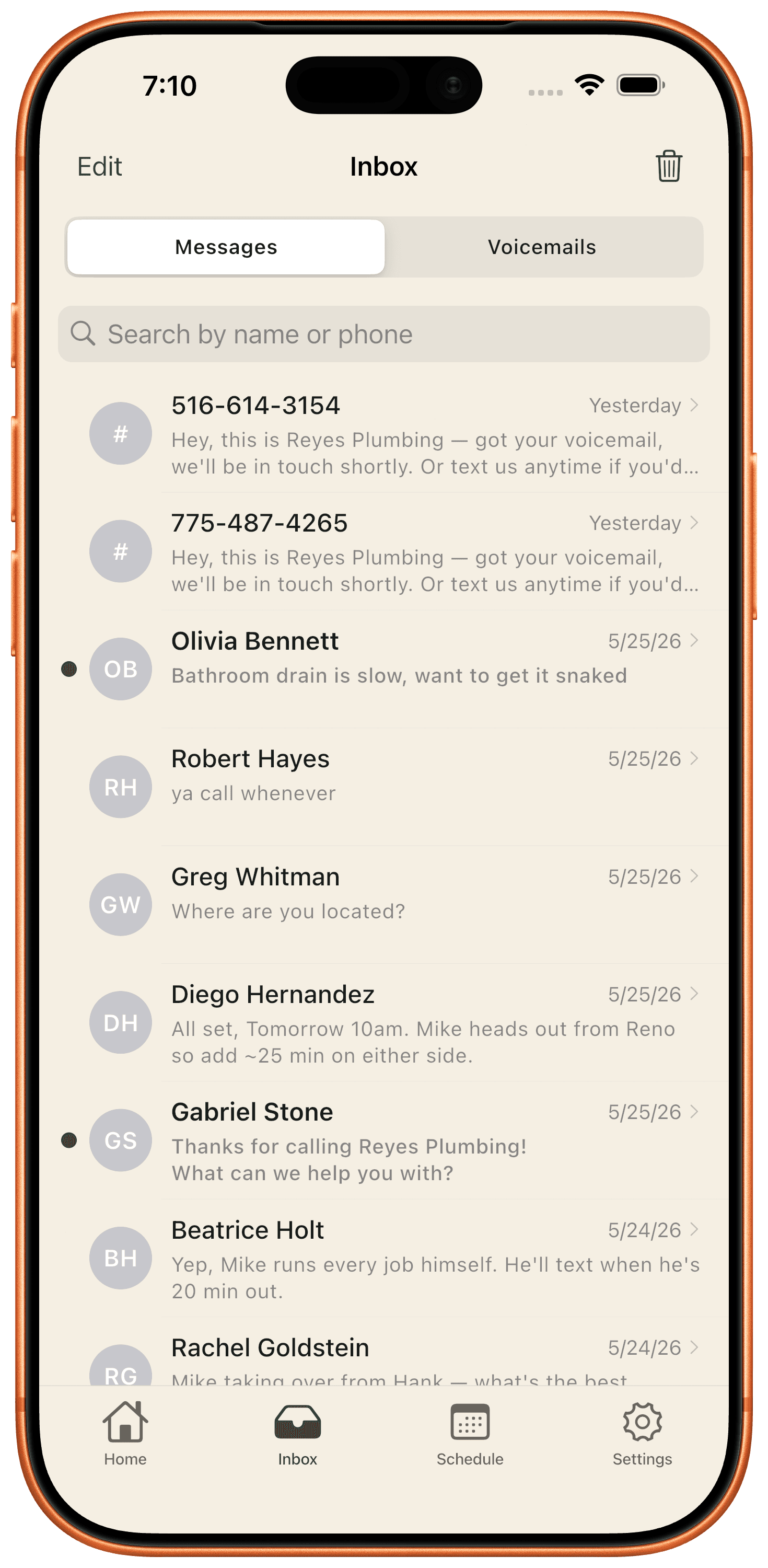 Hank inbox showing all customer conversations
