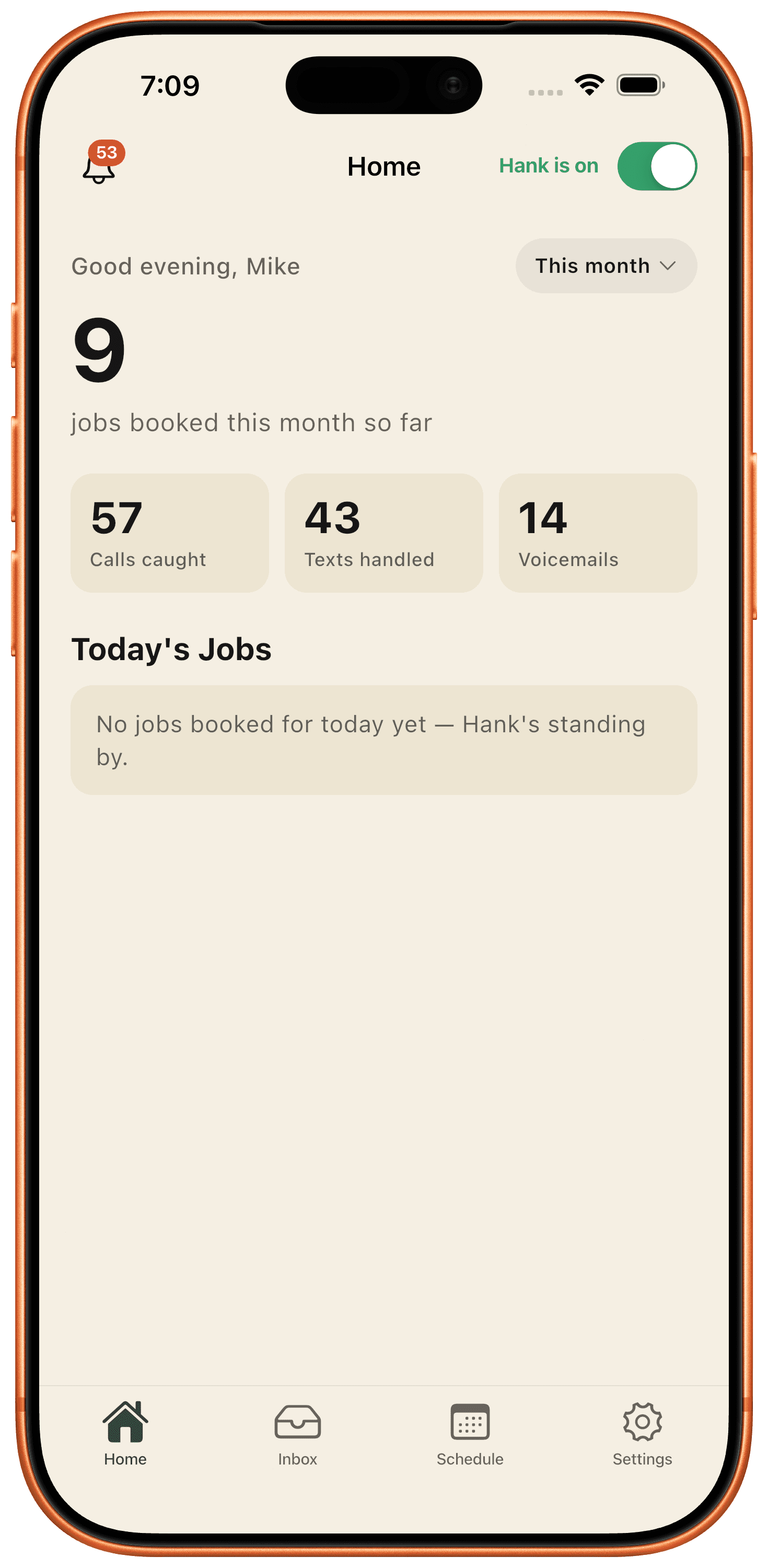Hank dashboard — jobs booked, calls caught