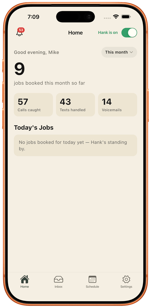 hank's home dashboard — jobs booked and missed calls caught, at a glance